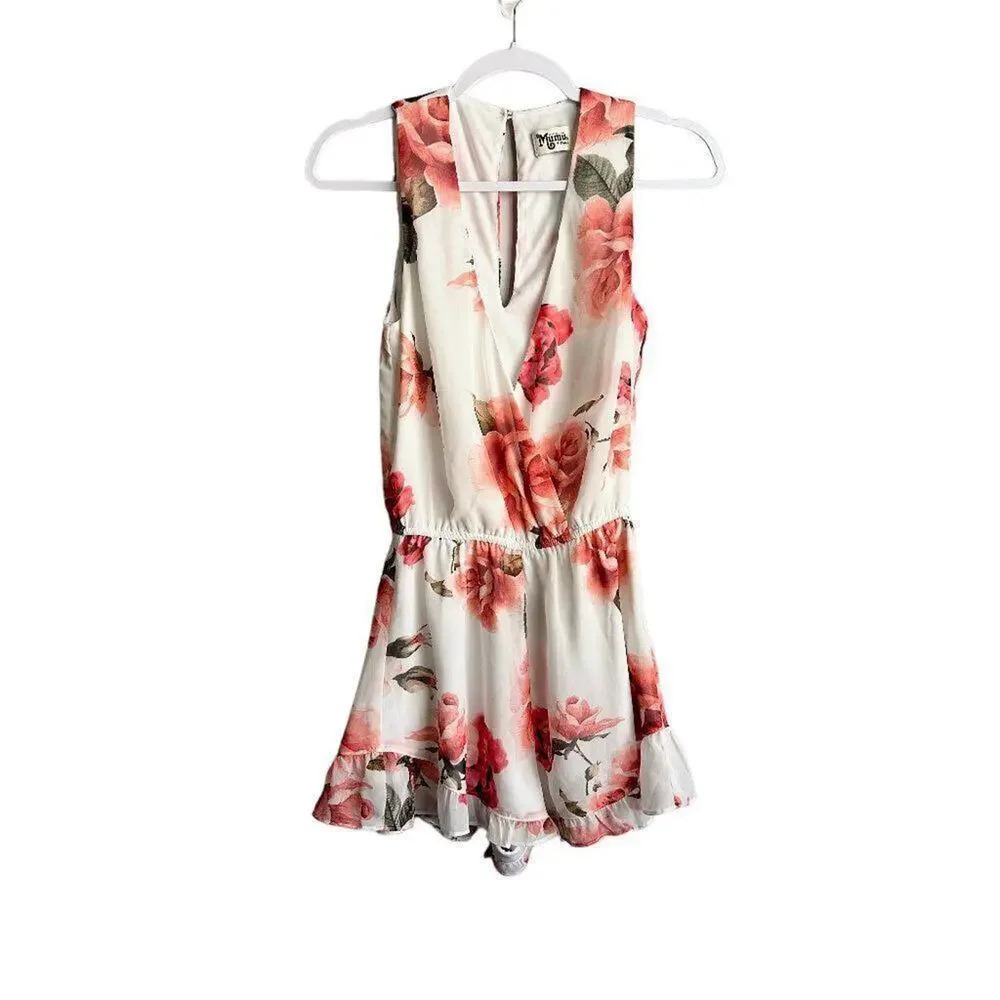 Show Me‎ Your Mumu Riri Romper XS White Pink V Neck Floral Elastic Waistband